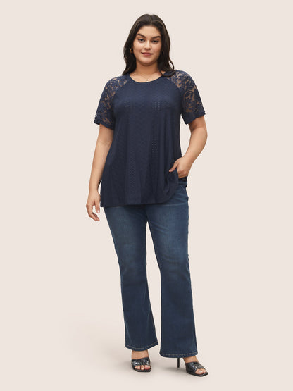 Solid Broderie Anglaise Lace Raglan Sleeve T-shirt