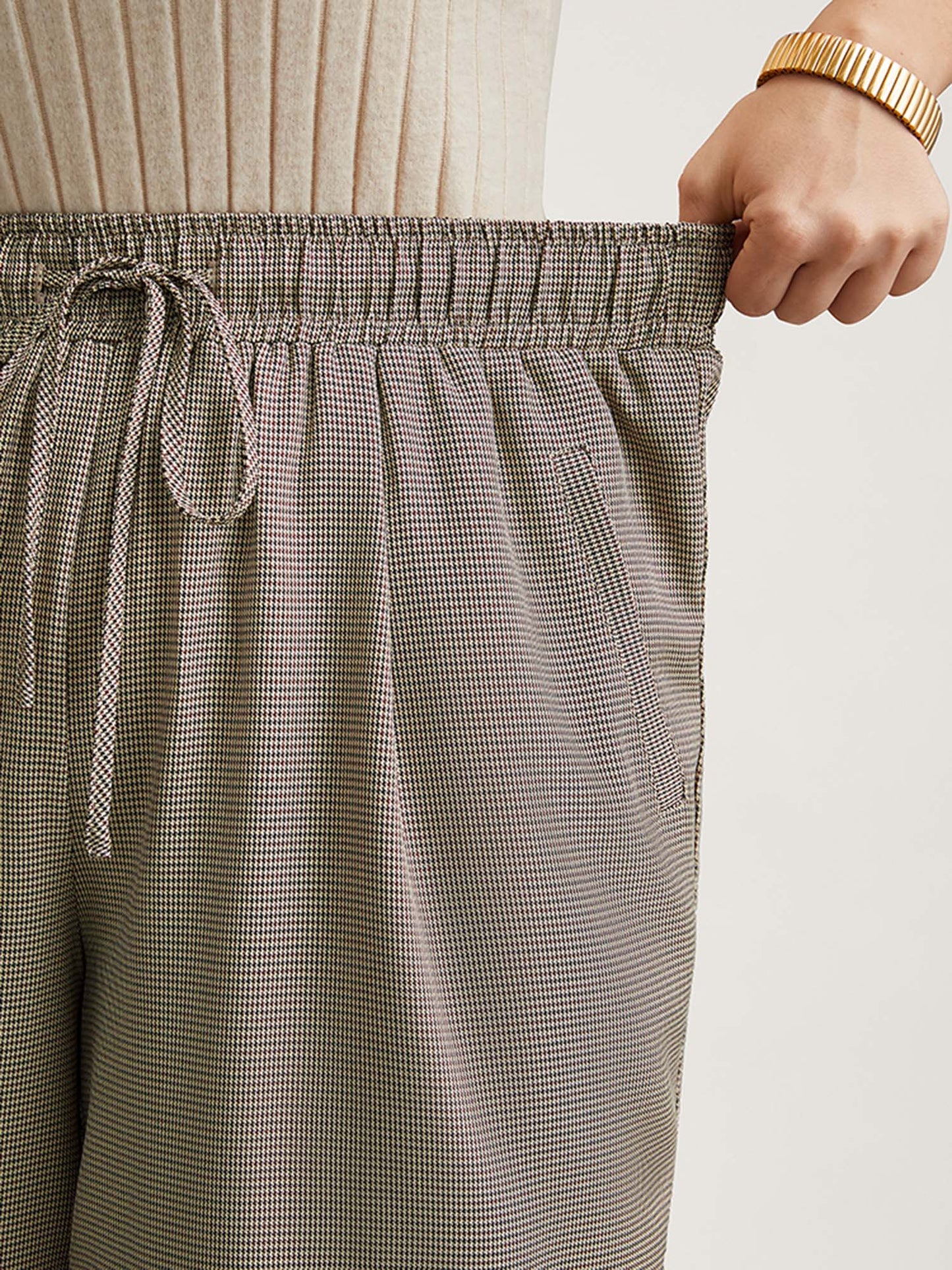 Houndstooth Print Drawstring Waist Pants
