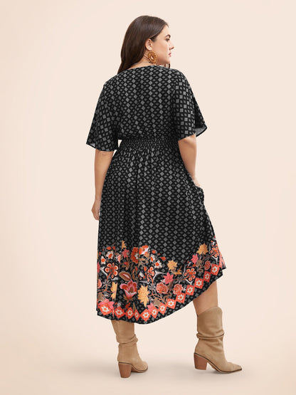 Boho Print Shirred Pleated Dolman Sleeve Dress