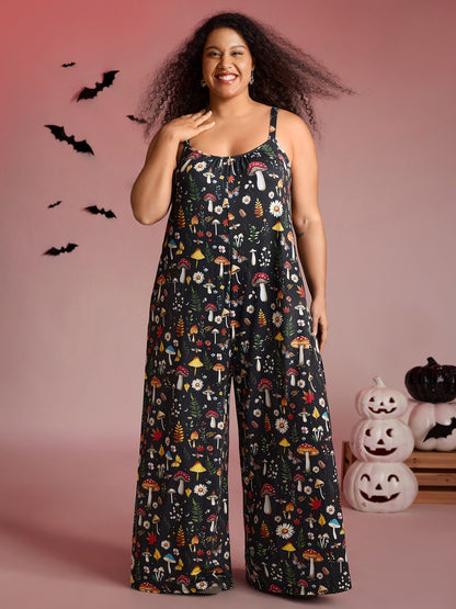 Halloween Mushroom Print Pockets Cami Jumpsuit