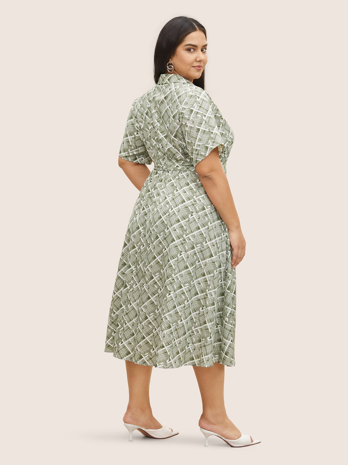Geometric Suit Collar Button Up Belted Dress