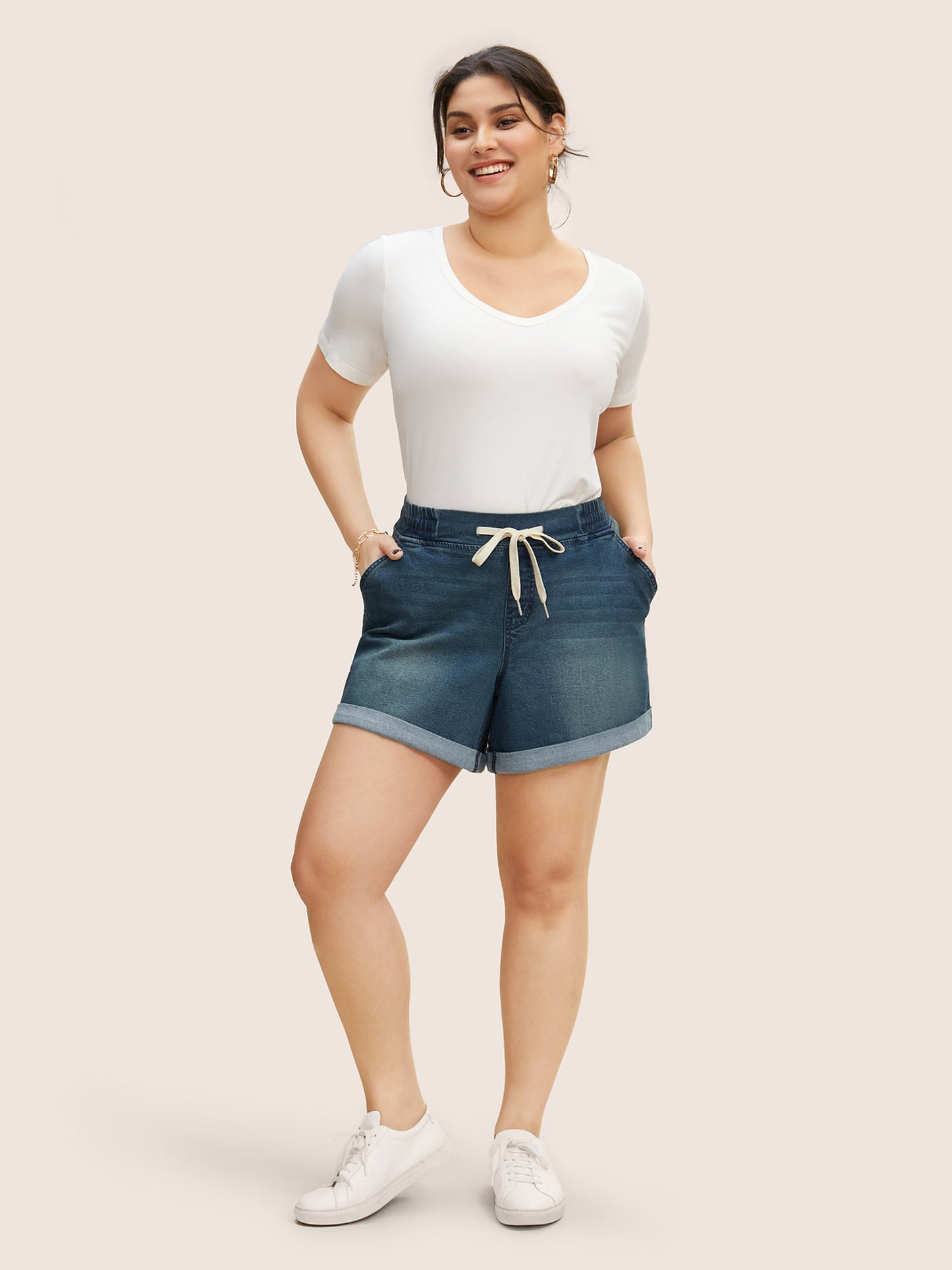Dark Wash Roll Hem Drawstring Denim Shorts