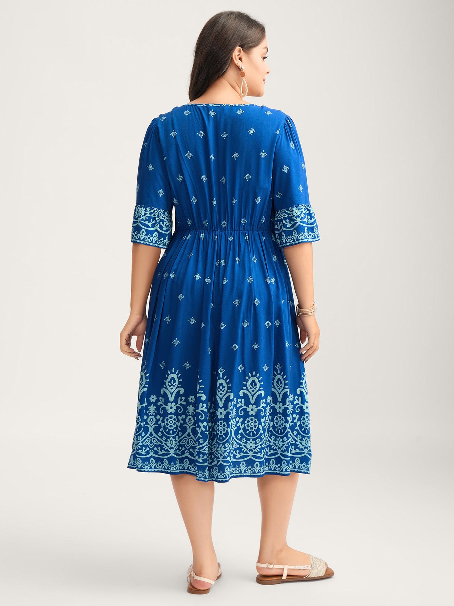 Stretchy Waist Boho Print Midi Dress