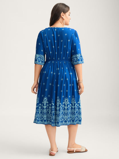 Stretchy Waist Boho Print Midi Dress