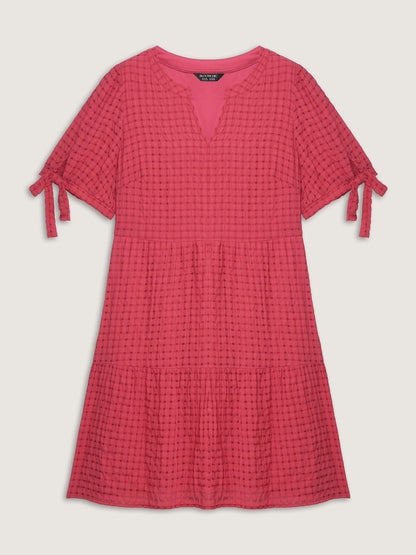 Check Textured Knot Sleeve Knee-Length Dress