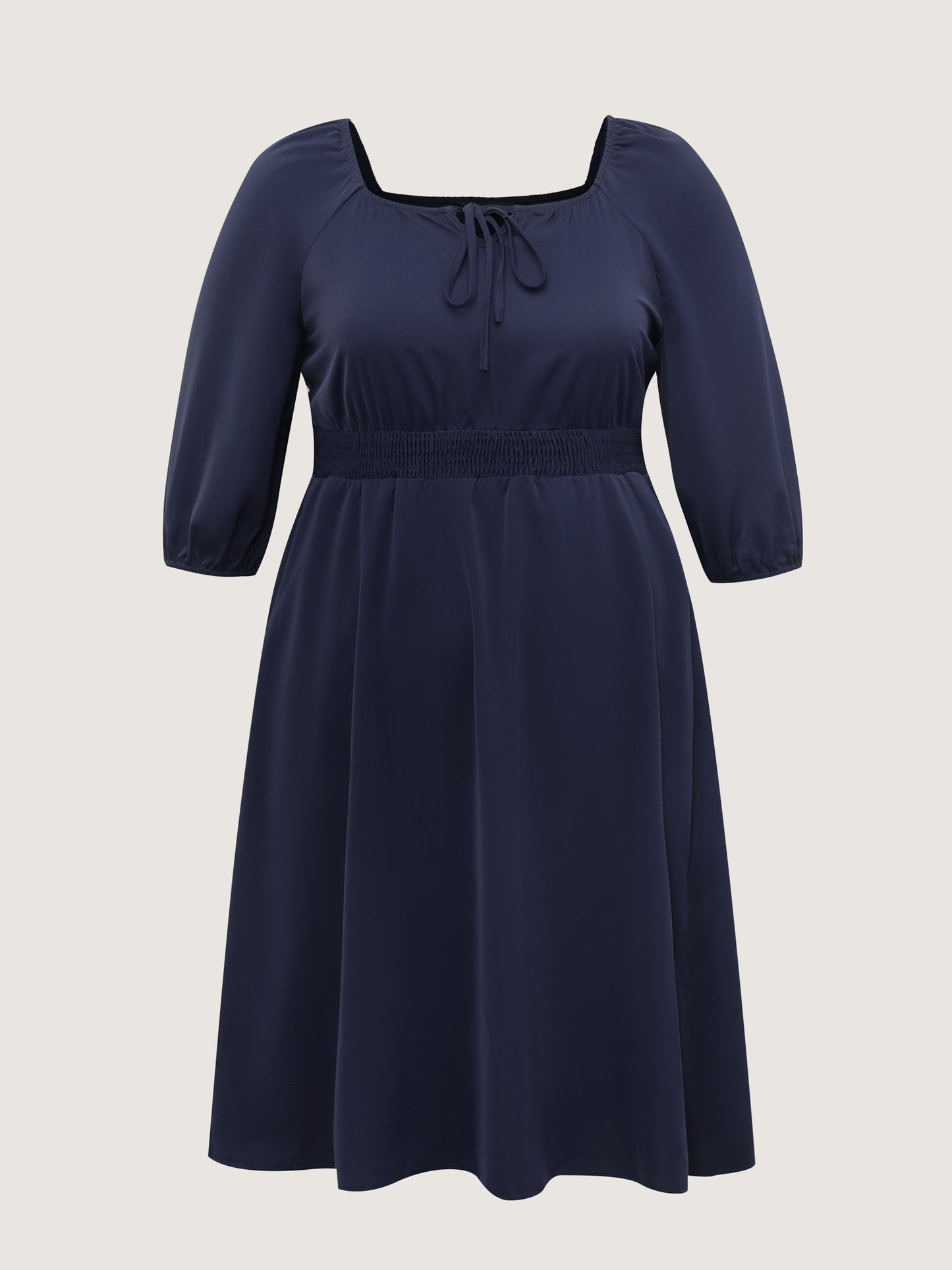 Neck-Tie Lantern Sleeve Shirred Midi Dress