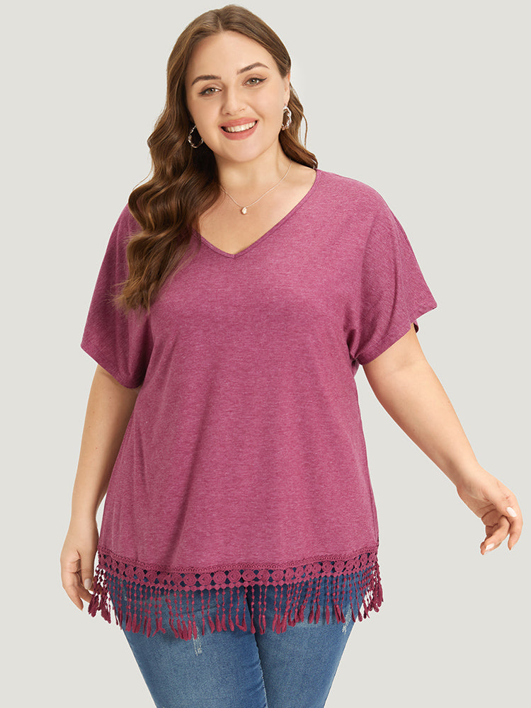 Plain Fringe Trim Batwing Sleeve T-shirt