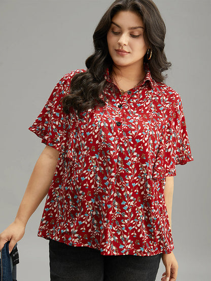 Ditsy Floral Shirt Collar Button Through Ruffle Sleeve Blouse