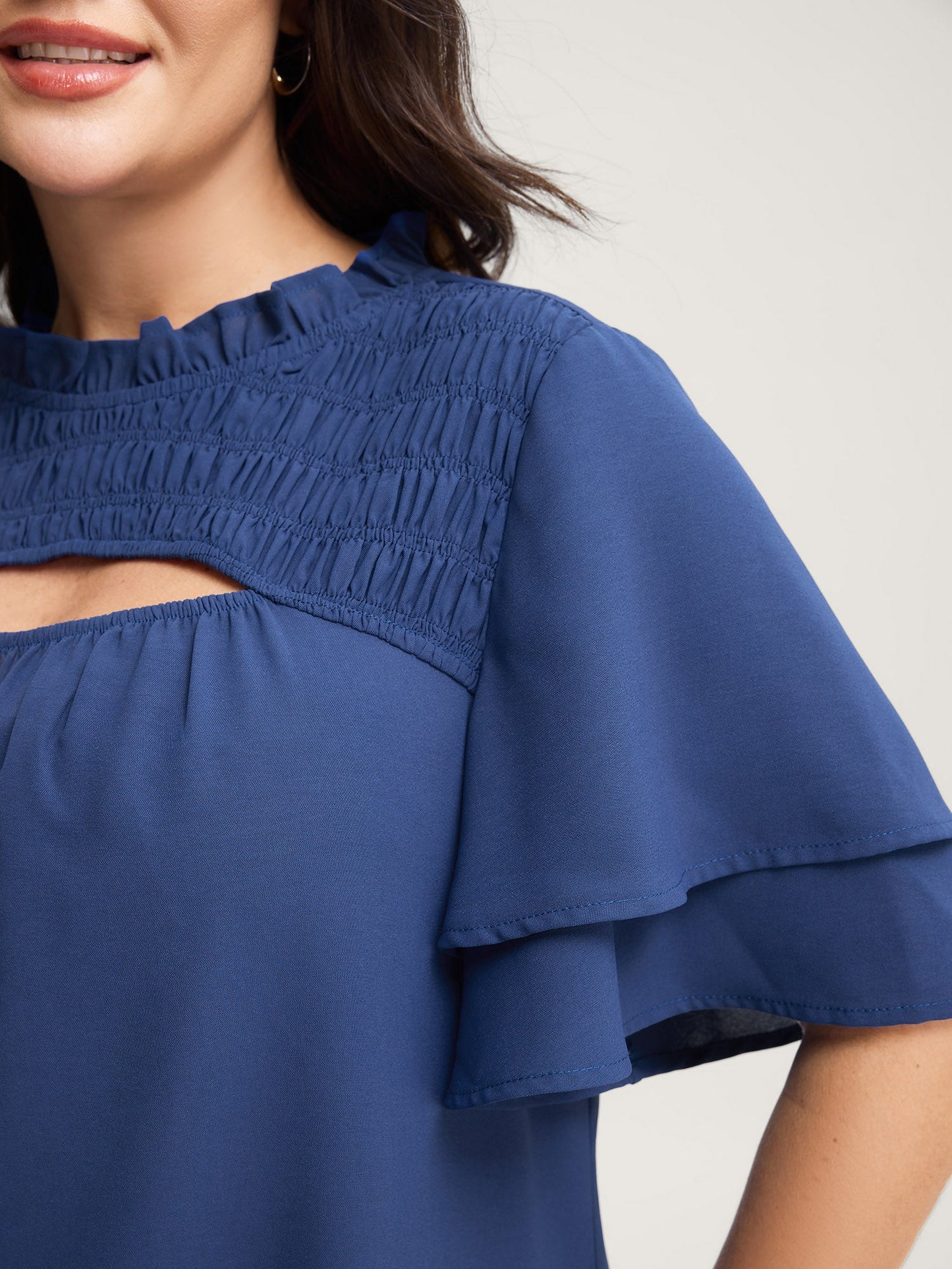 Shirred Cut-Out Neckline Layered Sleeve Blouse