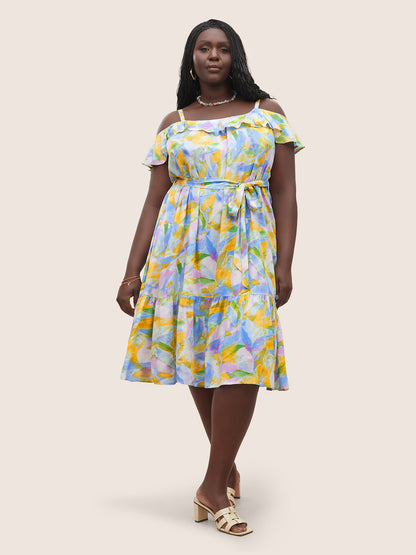 Rayon Pixel Flower Print Ruffles Pocket Dress