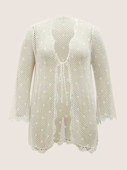 Pointelle Knit Ties Lace Panel Bell Sleeve Cardigan