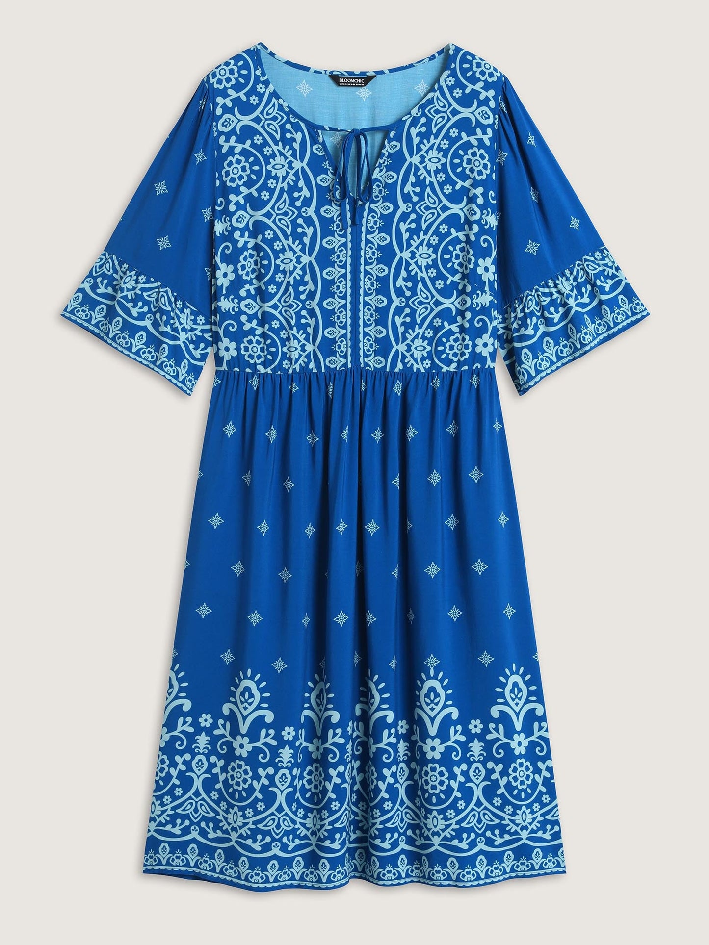 Stretchy Waist Boho Print Midi Dress