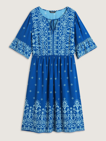 Stretchy Waist Boho Print Midi Dress