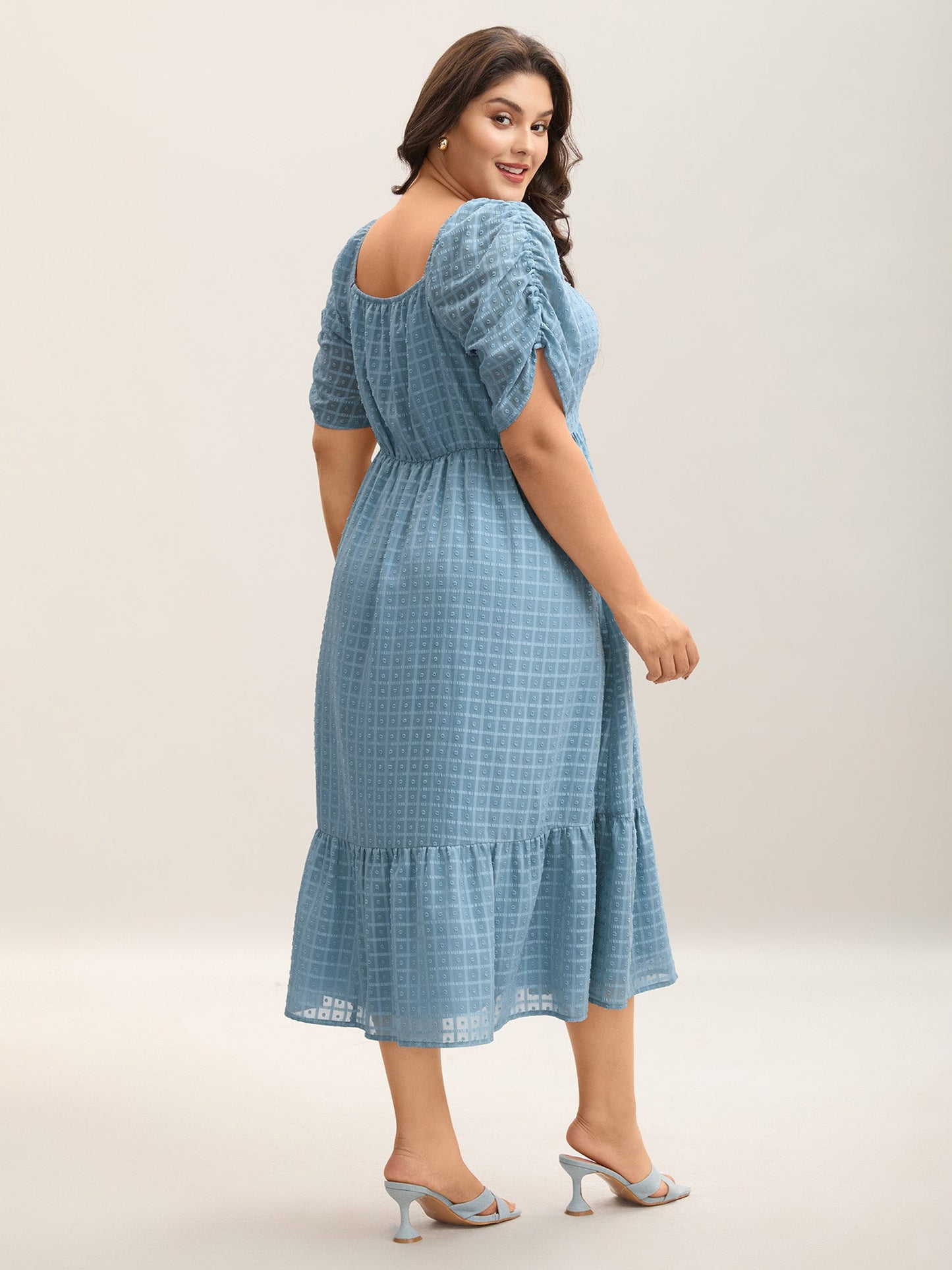 Textured Ruched Sleeve Tiered Midi Dress
