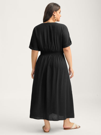 Pleated Cinched Waist Solid Midi Dress