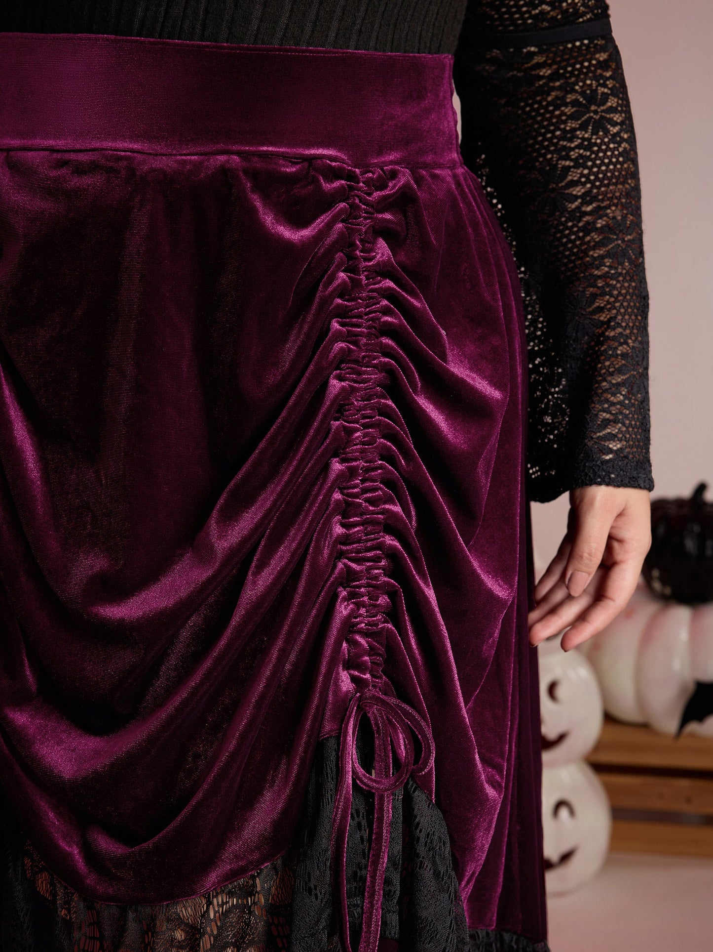 Velvet Lace Ruffled Gathered Midi Skirt