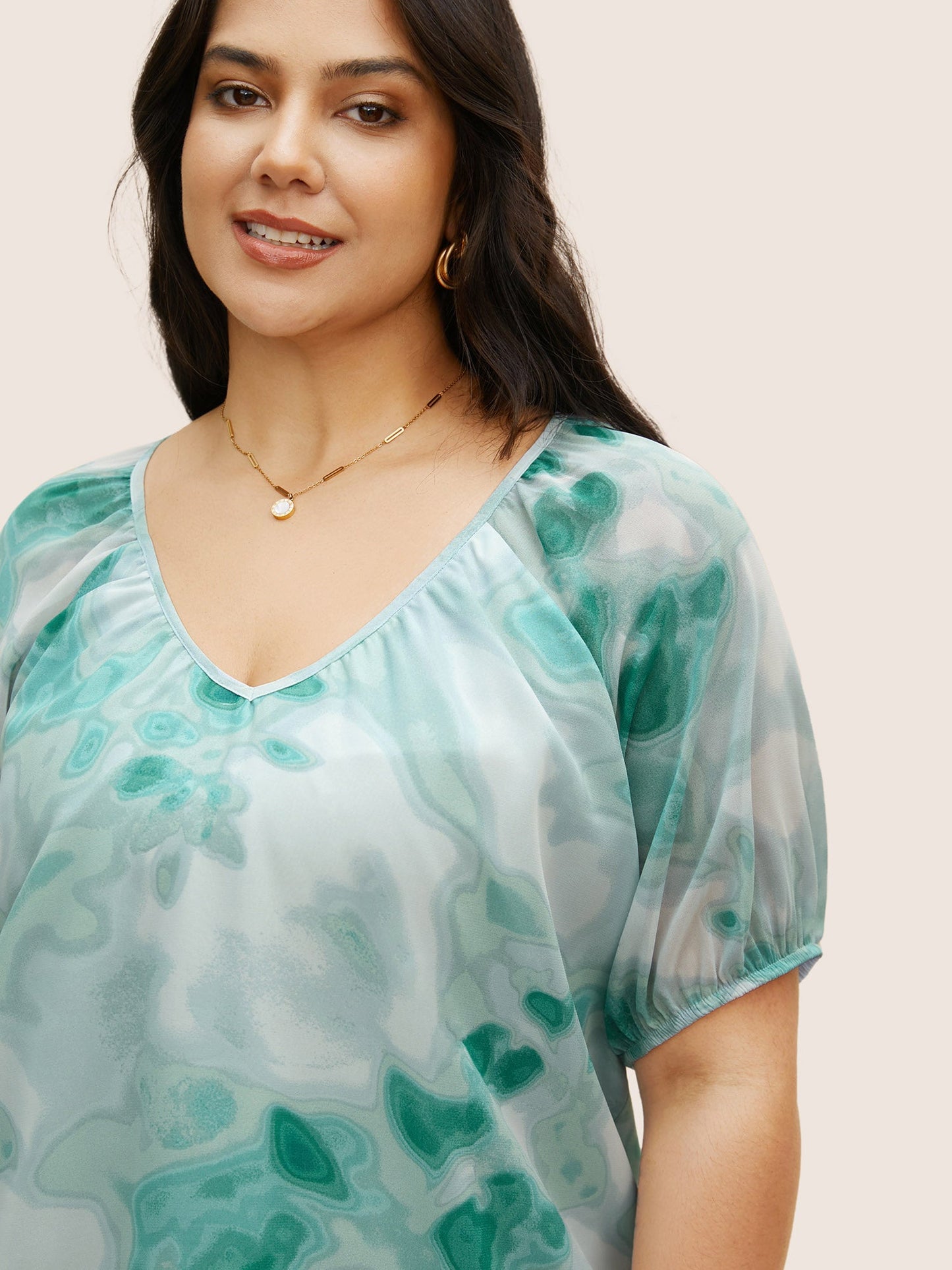 Synthetic Texture Raglan Sleeve Gathered Blouse
