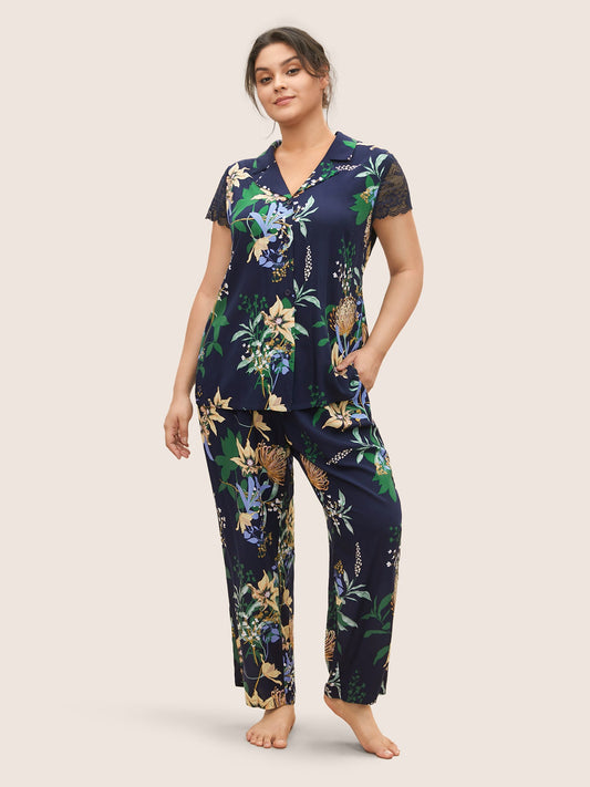 Natural Flowers Contrast Pocket Rib Knit Sleep Bottoms