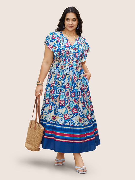 Boho Print Pleated Ruffle Sleeve Dress