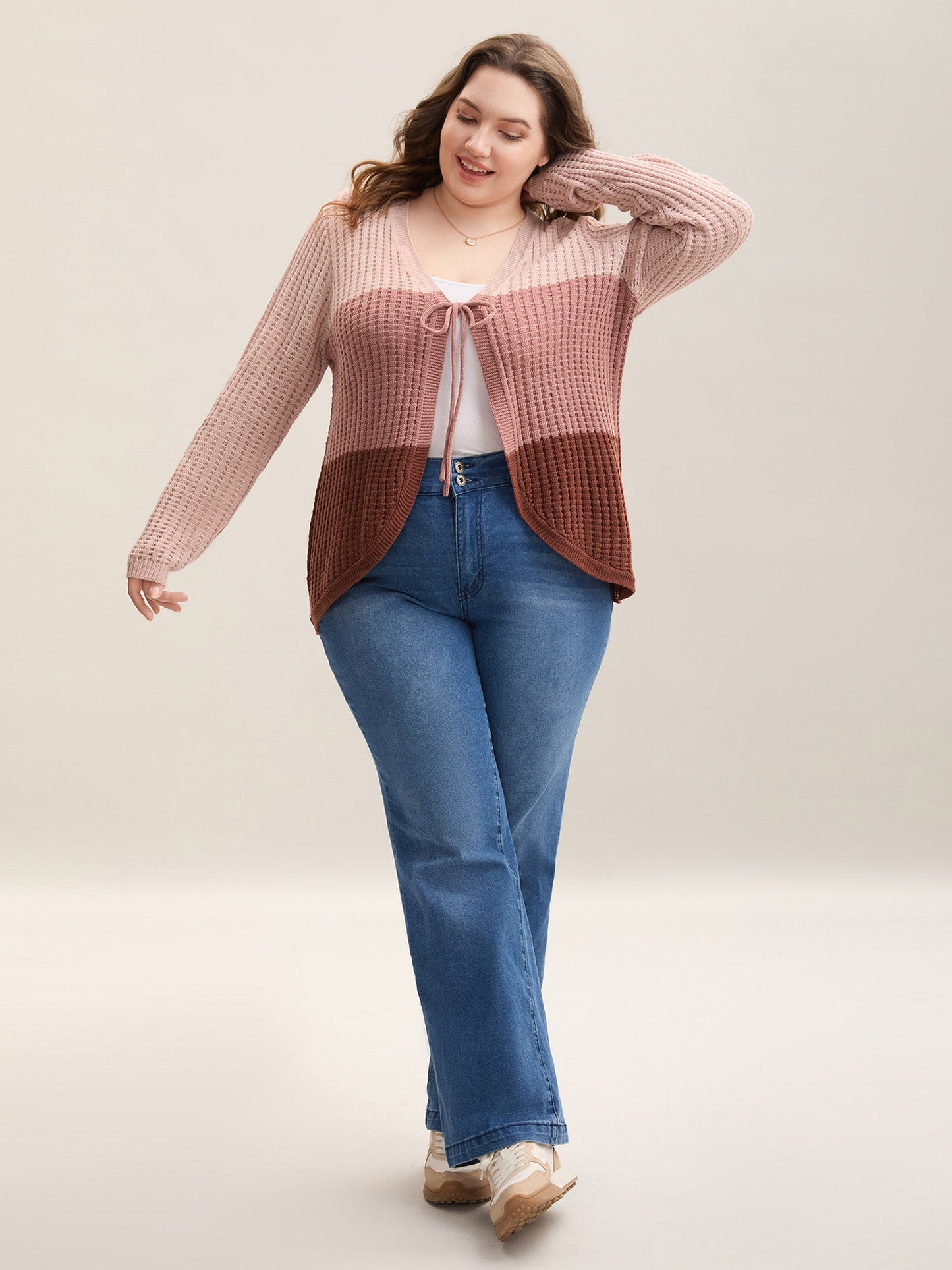 Arc Hem Color Block Tie Front Cardigan