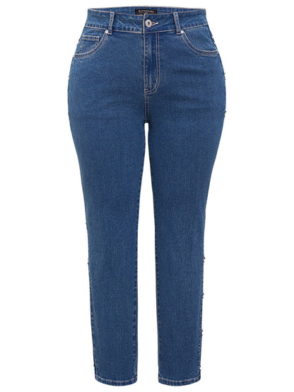 Pearl Beaded Patchwork Medium Wash Jeans