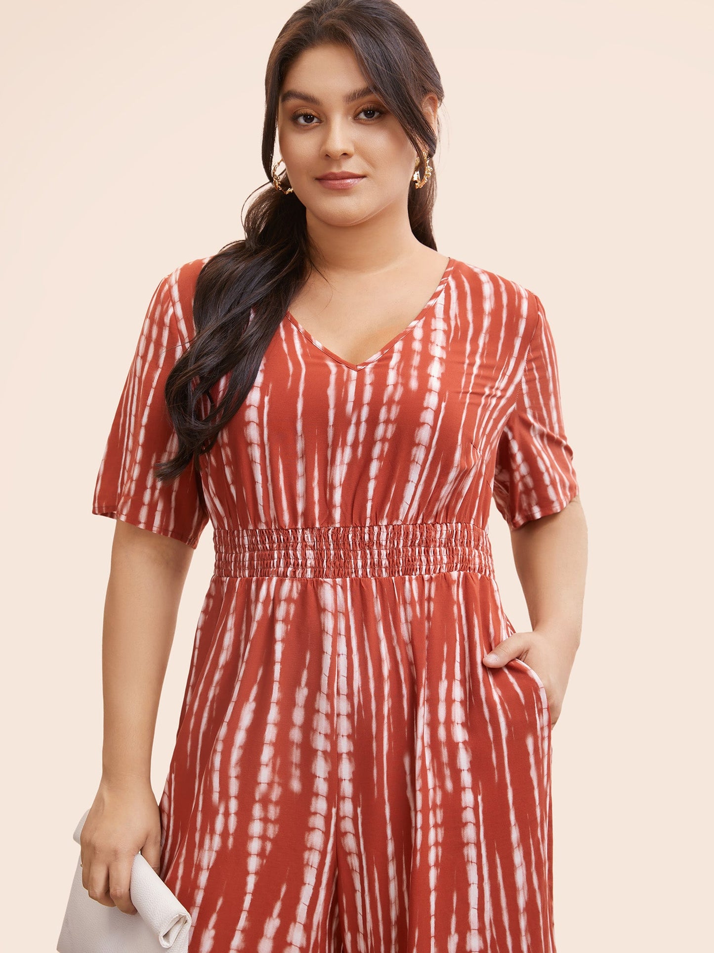 V Neck Gradient Dyeing Shirred Jumpsuit