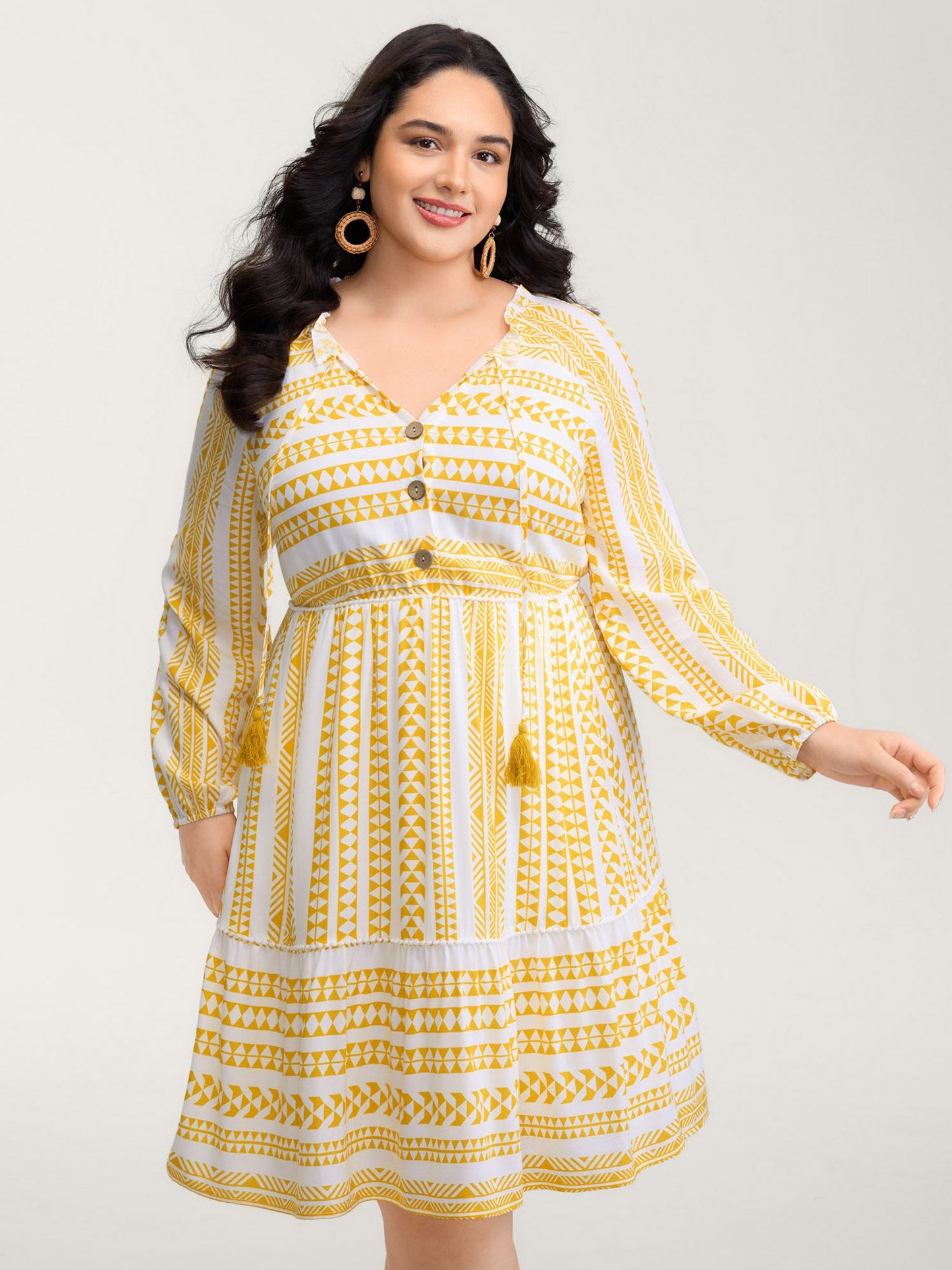 Rayon Boho Stripe Button Placket Midi Dress