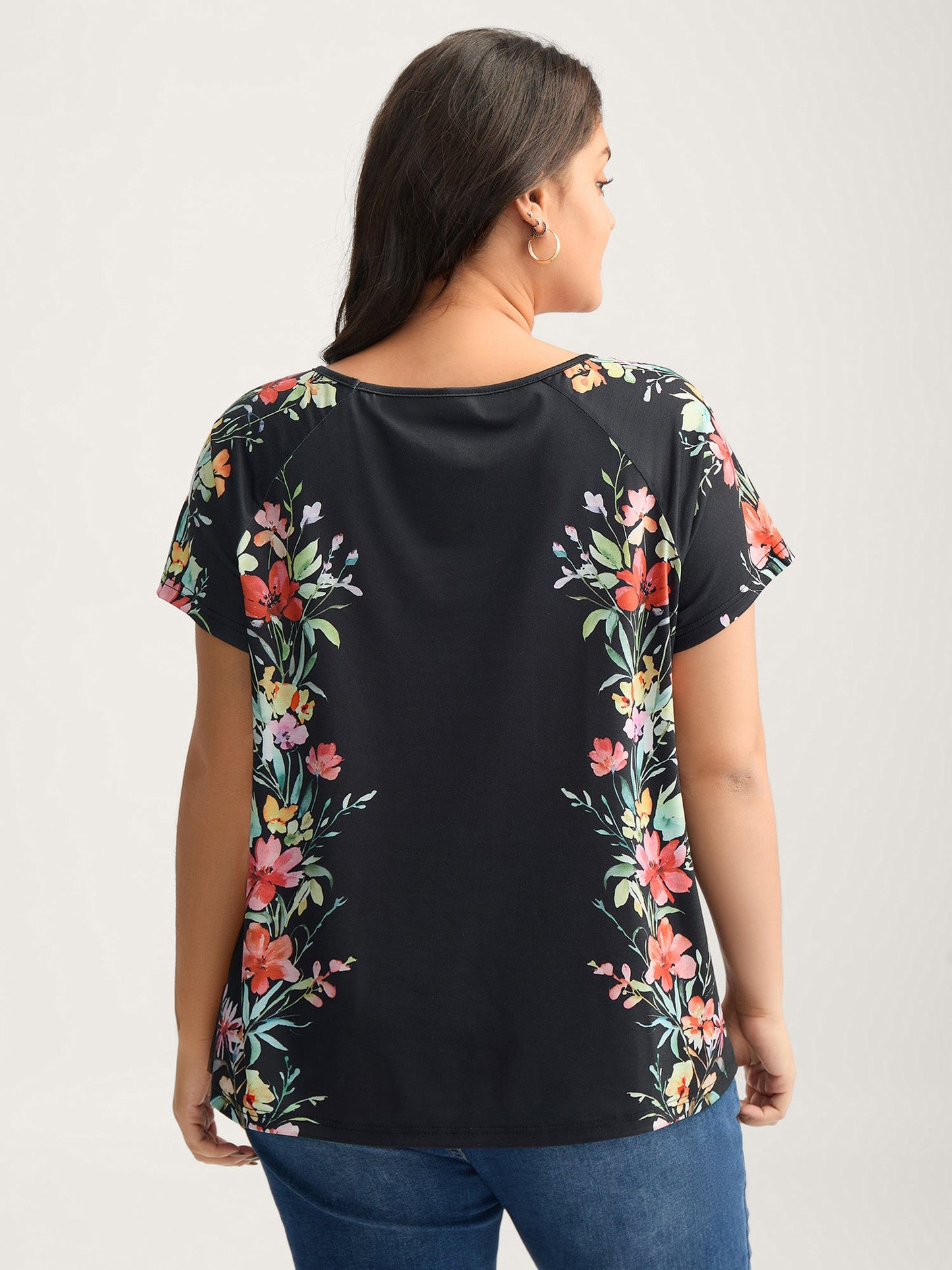 Floral Print Solid Round Neck T-Shirt