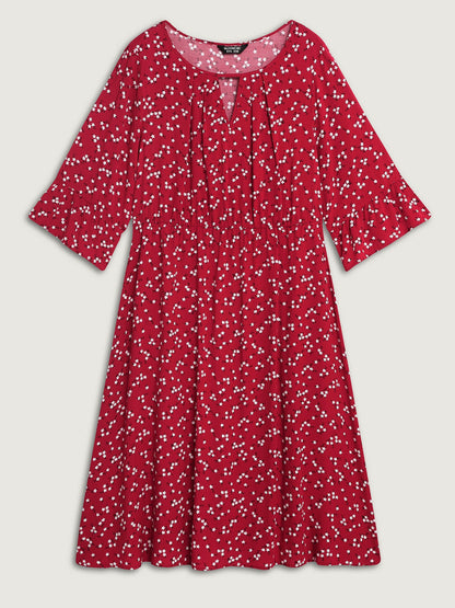 Floral Print Shirred Cut-Out Neck Midi Dress