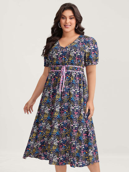 Rayon Floral Print Contrast Pockets Midi Dress