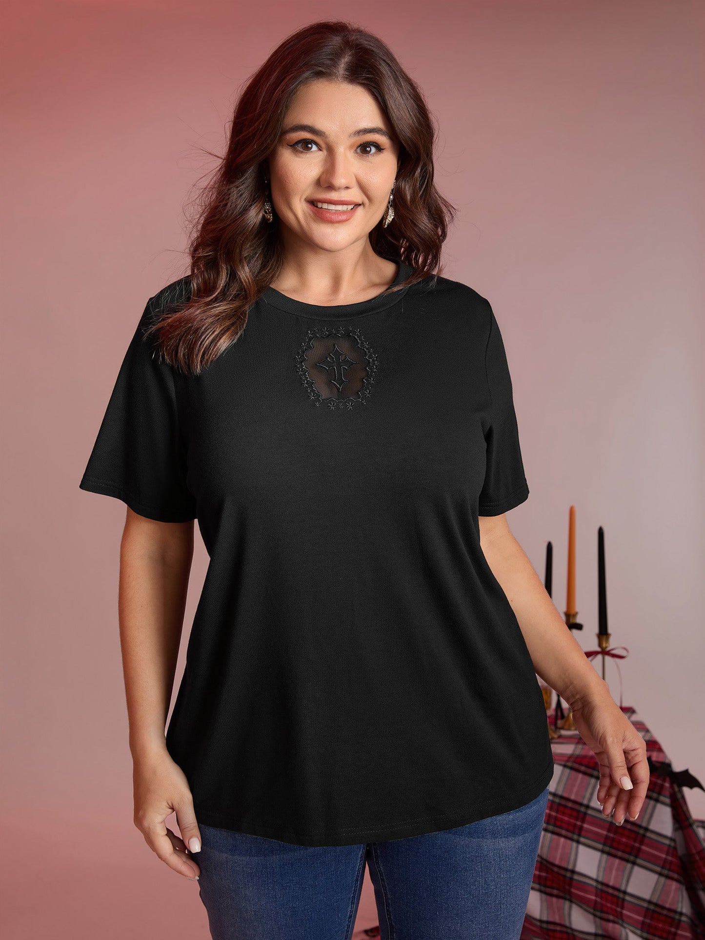Tarot Card Pattern Lace Cut-Out Top