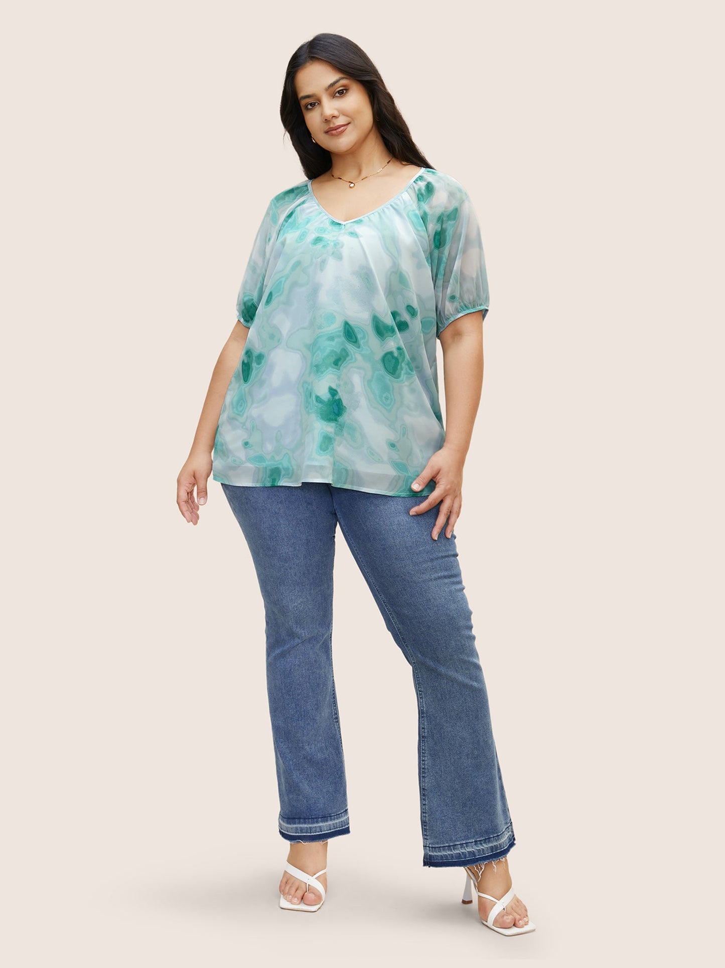 Synthetic Texture Raglan Sleeve Gathered Blouse