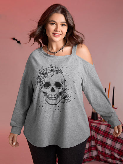 Floral Skull Print One-Shoulder Sweatshirt