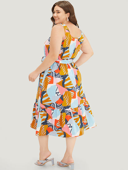 Graphic Print Ruffles Hem Pocket Belt Pleated Tank Dress