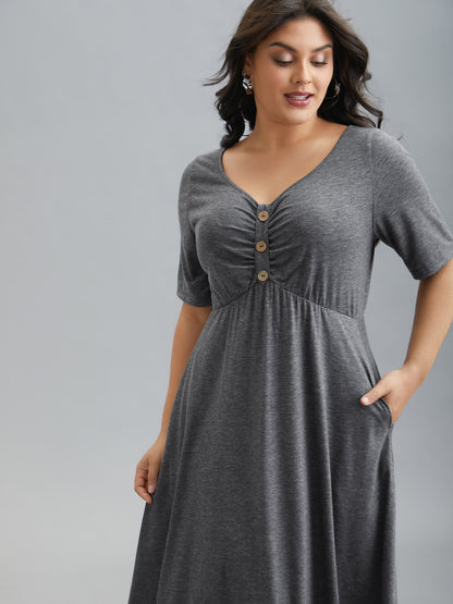 Gathered Button Detail Plain Knit Dress