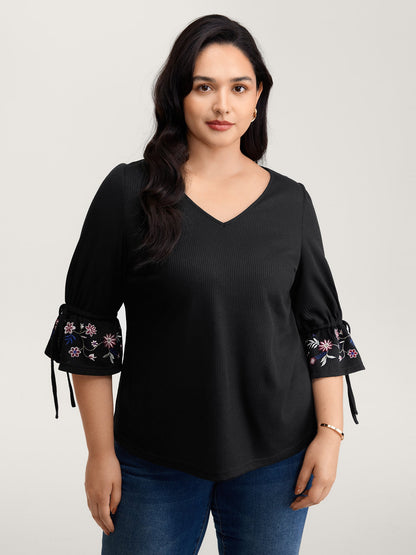 Floral Sleeve Embroidery Drawstring Knit Top