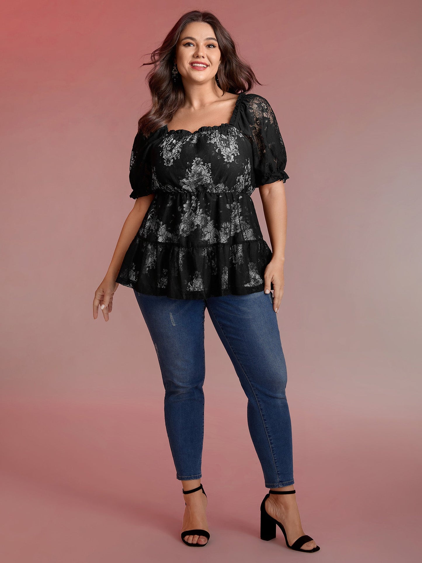 Midnight Florals Tiered Lace Knit Top