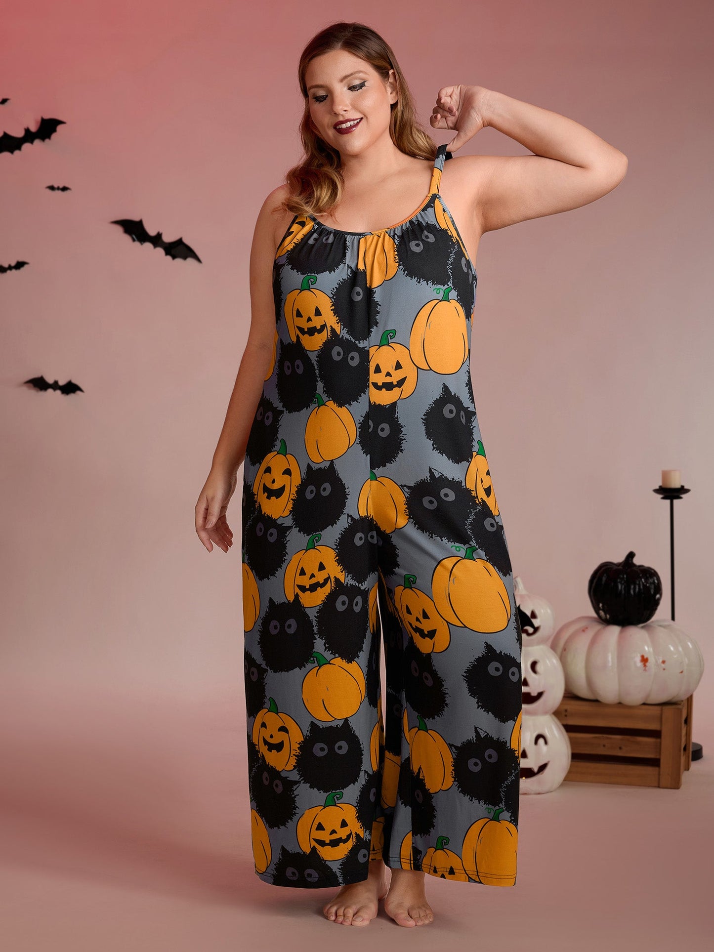 Pumpkin Everywhere Print Wide-Leg Jumpsuit