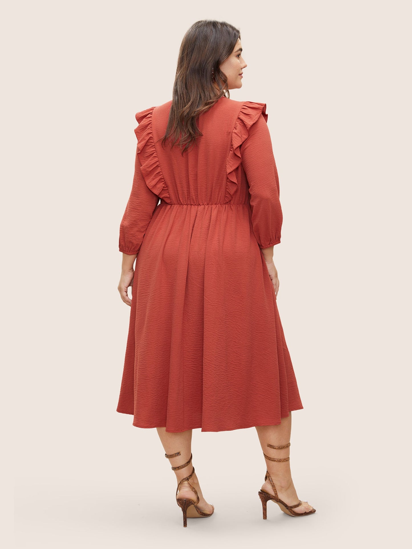 Patchwork Ruffles Pocket Elastic Waist Crepe Dress