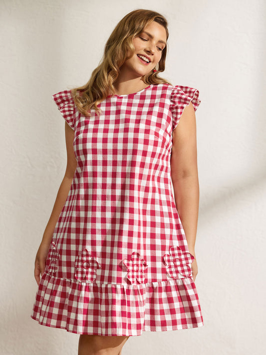 Cotton Gingham Embroidered Ruffled Hem Knee Dress