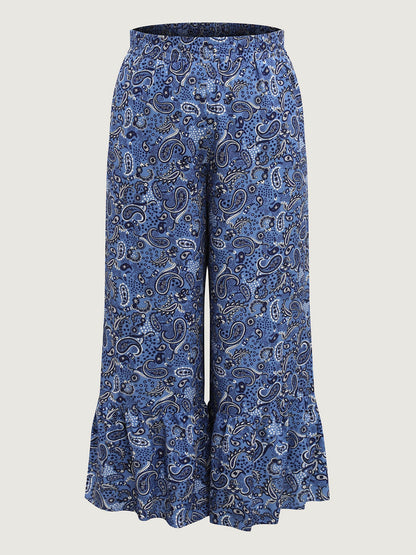 Paisley Print Tiered Hem Wide-Leg Pants