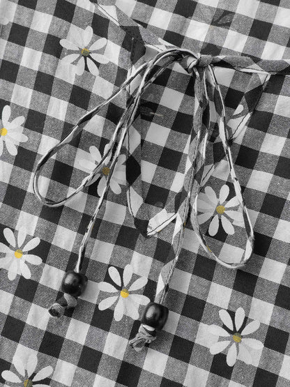 Plaid Floral High-Waist Midi Dress