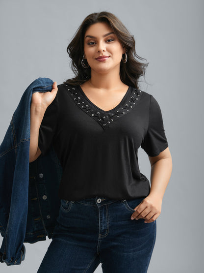 Stretchy V-Neck Hollow Fitted T-Shirt