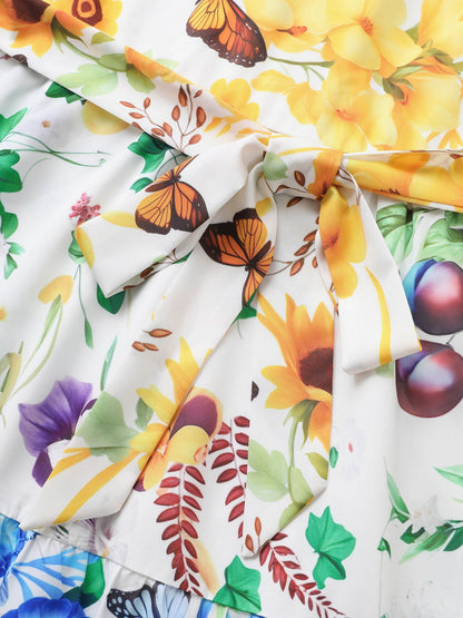 Floral & Butterfly Contrast Ruffle Layered Hem Dress