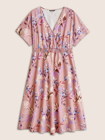 Floral Shirred Overlap Collar Elastic Waist Dress