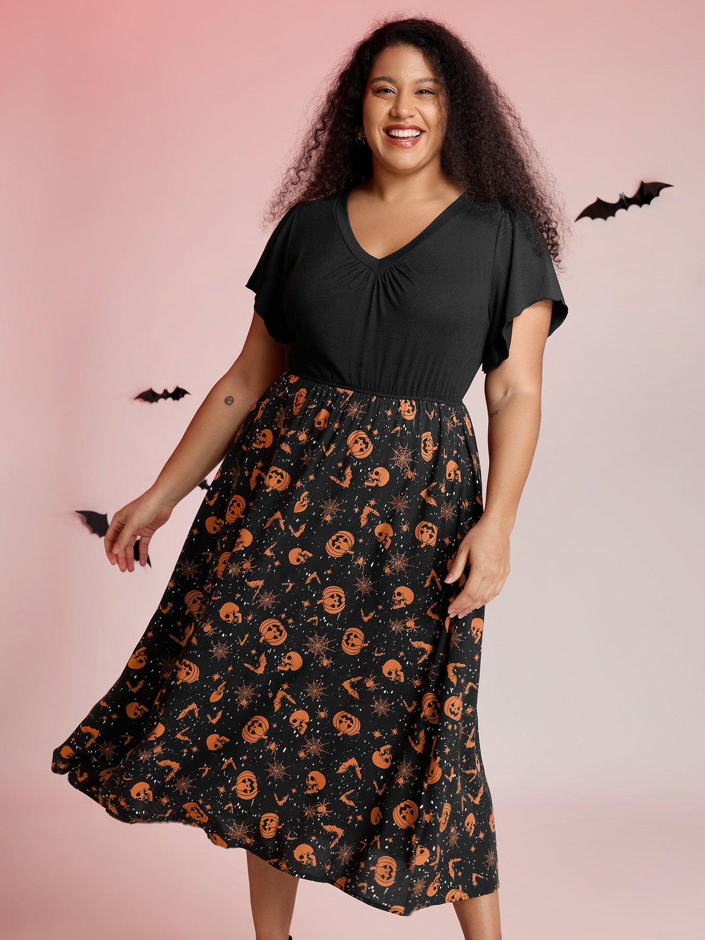 Pumpkin Contrast Print Pockets Maxi Dress