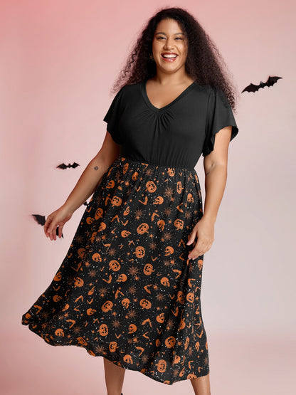 Pumpkin Contrast Print Pockets Maxi Dress