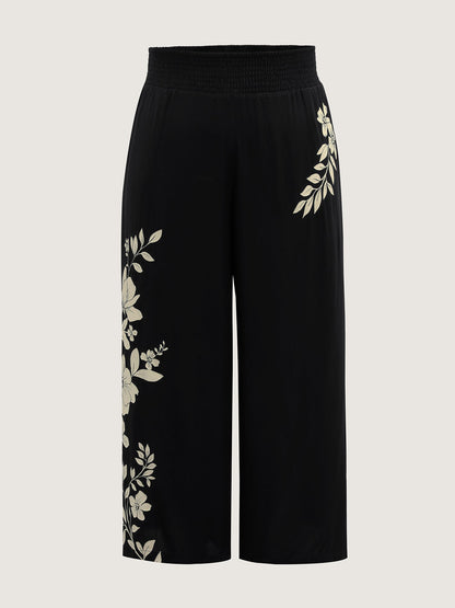 Floral Print Shirred Waist Wide-Leg Pants