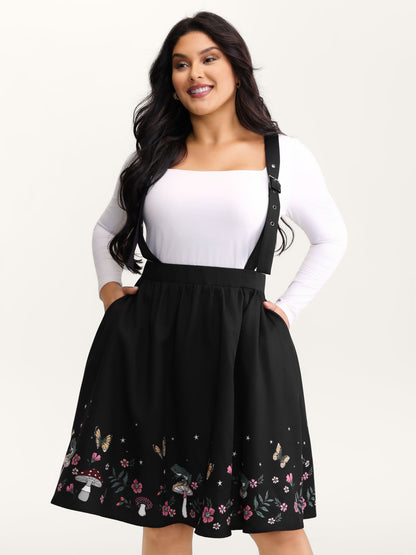 Mushroom Hem Print Adjustable Straps Skirt