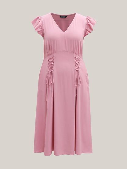 Tie-Up Panels Solid Pockets Midi Dress